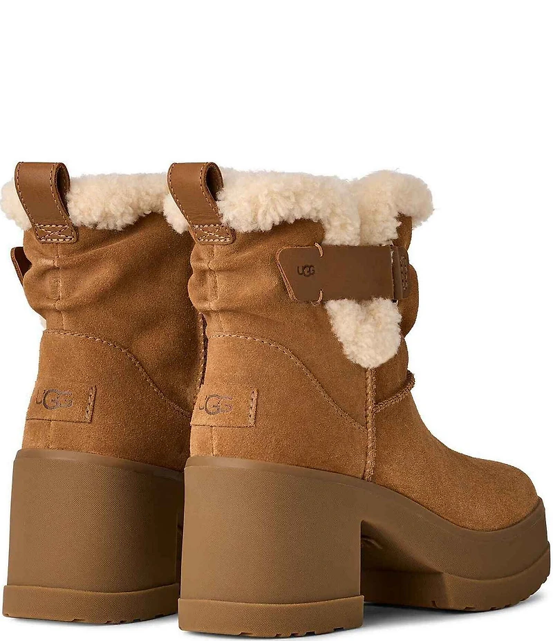 UGG Moxy Pull On Suede Sheepskin Collar Platform Block Heel Booties