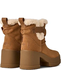 UGG Moxy Pull On Suede Sheepskin Collar Platform Block Heel Booties