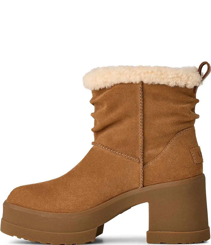 UGG Moxy Pull On Suede Sheepskin Collar Platform Block Heel Booties