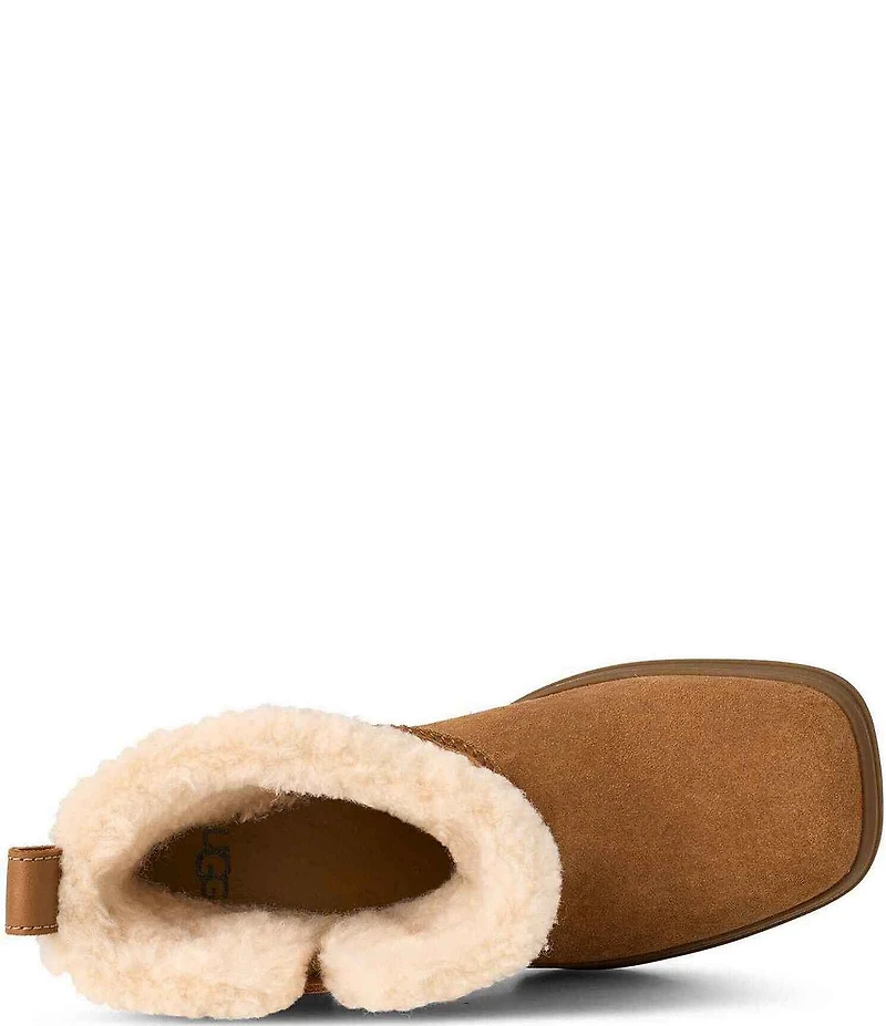 UGG Moxy Pull On Suede Sheepskin Collar Platform Block Heel Booties