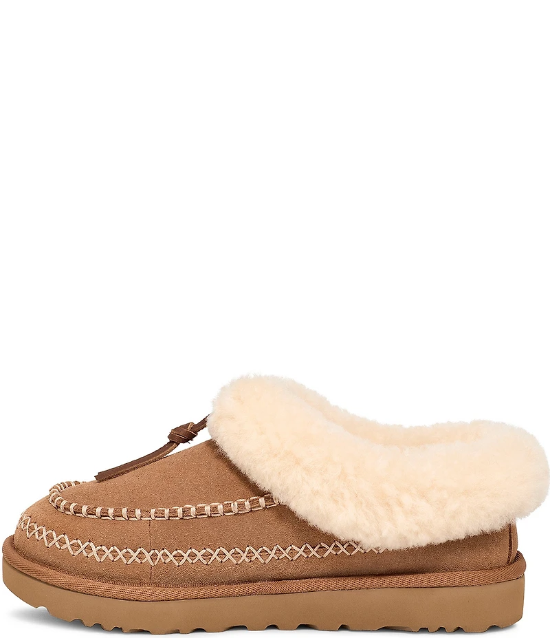 UGG Women's Tasman Alpine Suede Fur Collar Leather Knot Clog Slippers