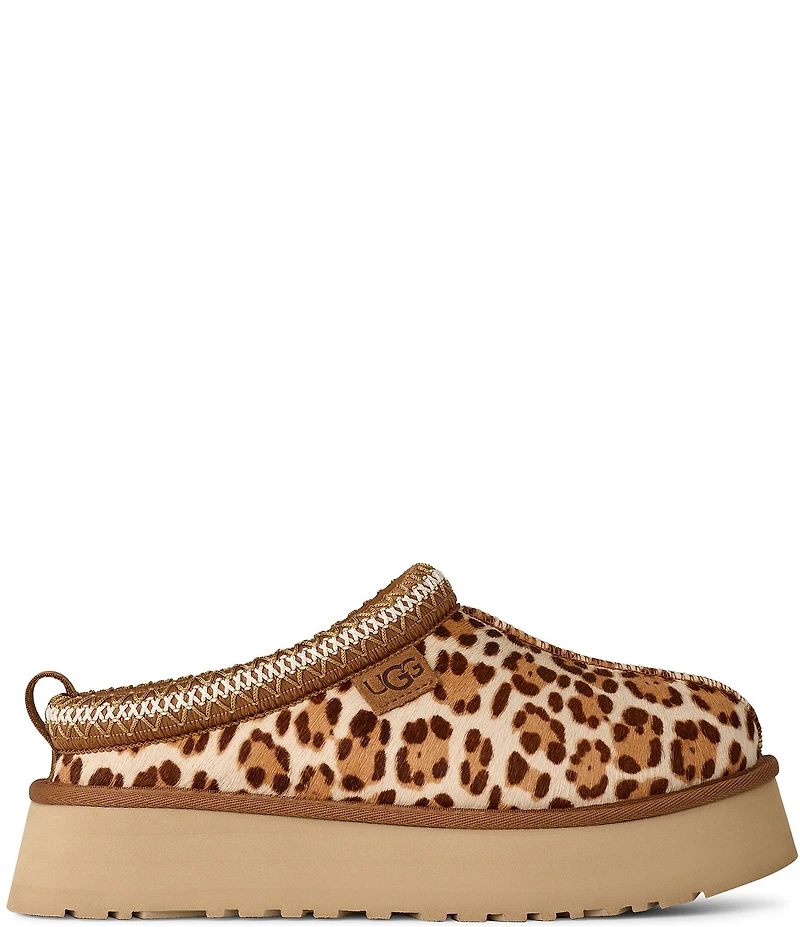 UGG Tazz Plains Leopard Cow Hair Platform Clog Slippers