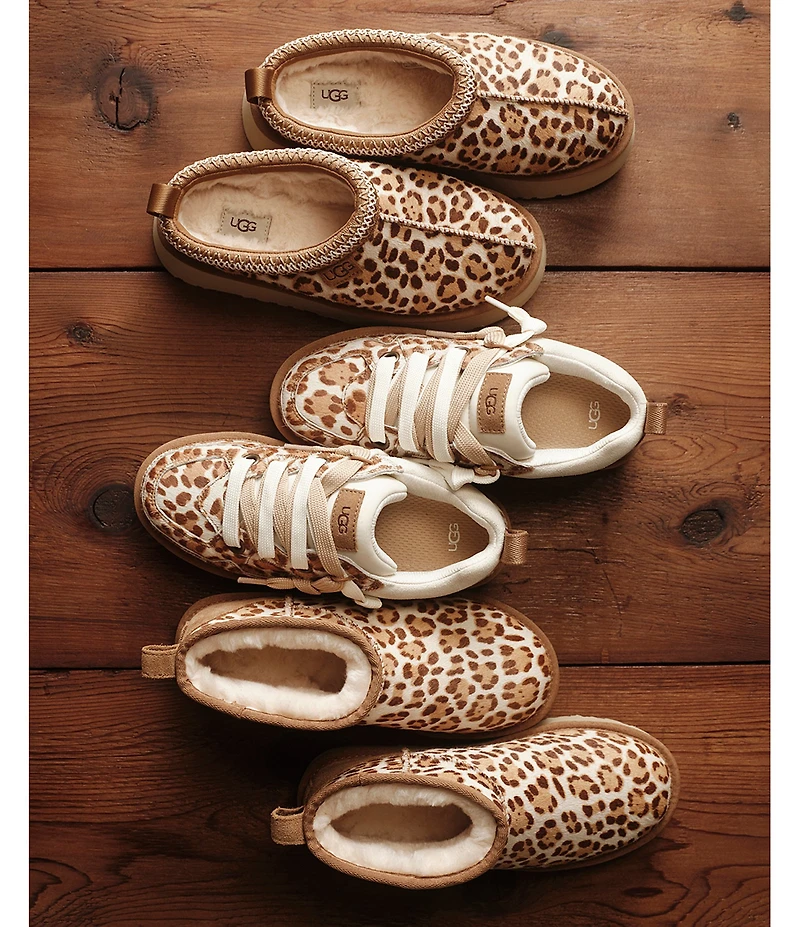 UGG Tazz Plains Leopard Cow Hair Platform Clog Slippers