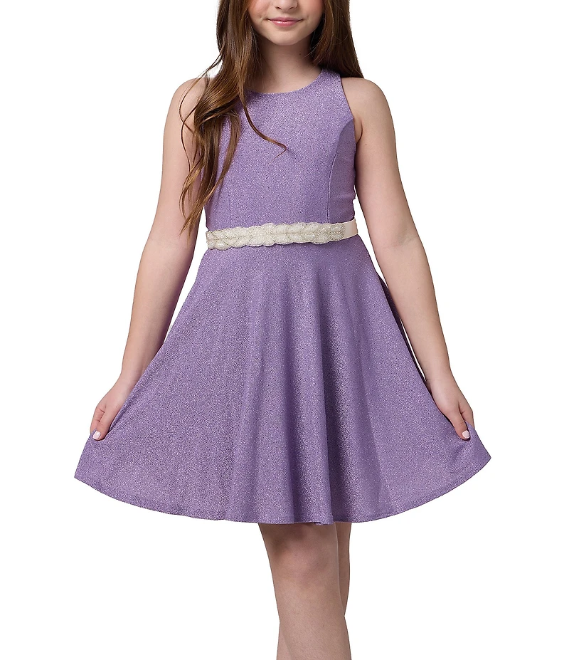 Un Deux Trois Big Girls Glitter Knit Racerback Jeweled Waist Dress