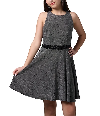 Un Deux Trois Big Girls Glitter Knit Racerback Jeweled Waist Dress