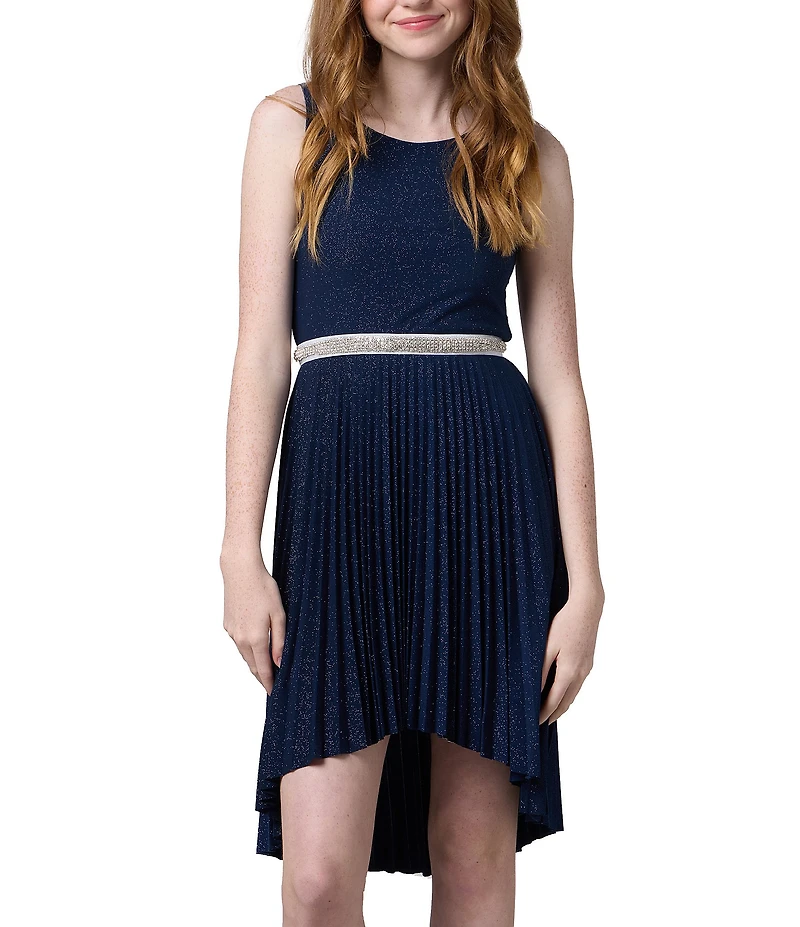 Un Deux Trois Big Girls Glitter Pleated Sleeveless Jewel Waist High Low Dress