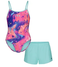 Under Armour Big Girls Printed One-Piece Swimsuit & Solid Shorts Set