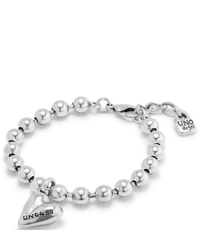 UNOde50 Beloved Collection Heart Charm Beaded Sterling Silver Line Bracelet