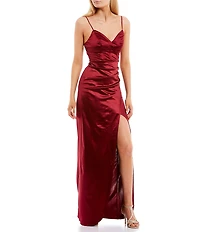 Honey and Rosie V-Neck Pleated Side Slit Corset Gown