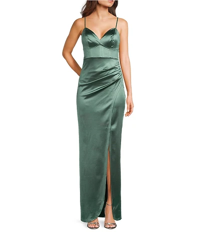 Honey and Rosie V-Neck Pleated Side Slit Corset Gown