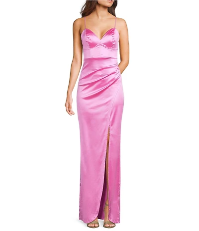 Honey and Rosie V-Neck Pleated Side Slit Corset Gown