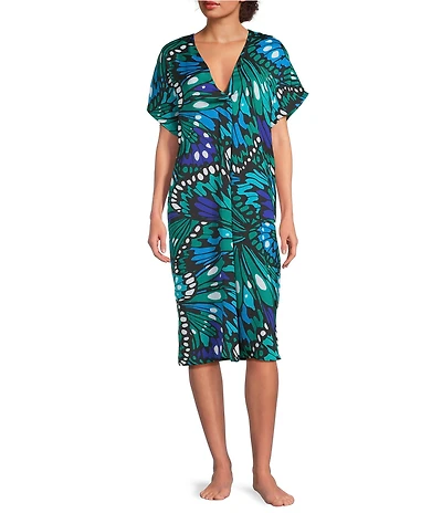 VAN WINKLE & CO. Butterfly Wing Print V-Neck Short Dolman Sleeve Satin Midi Caftan