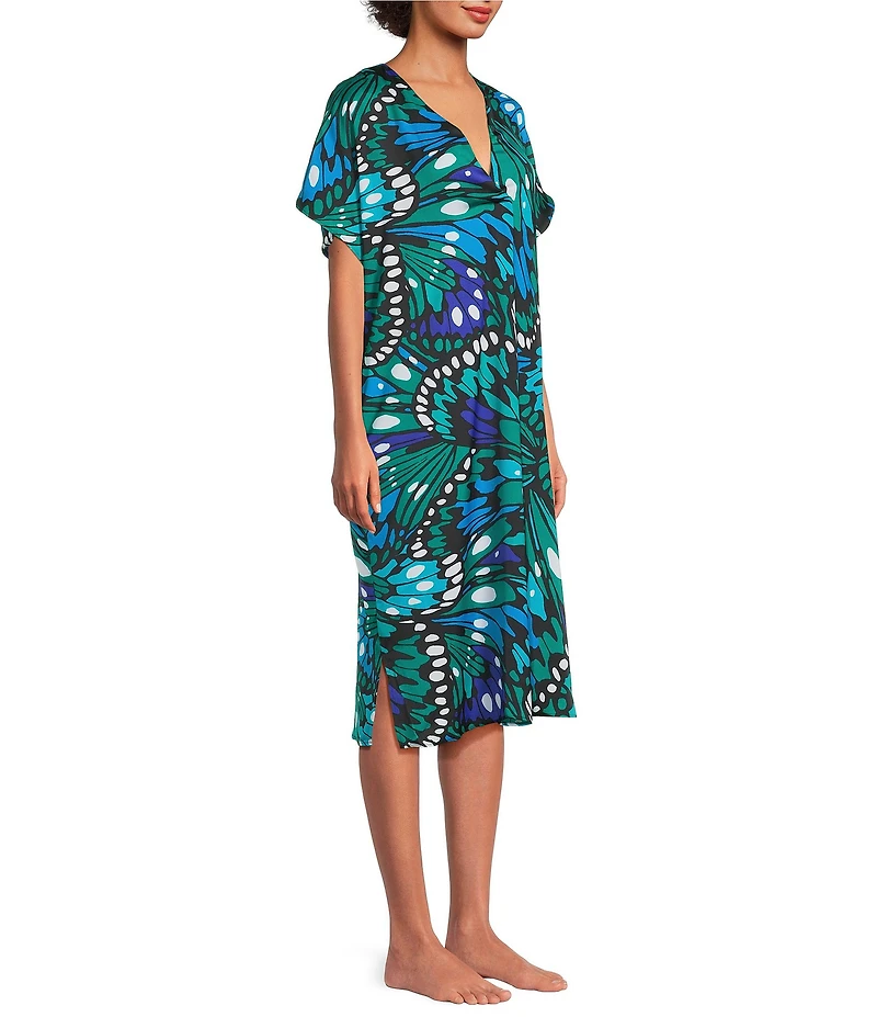VAN WINKLE & CO. Butterfly Wing Print V-Neck Short Dolman Sleeve Satin Midi Caftan