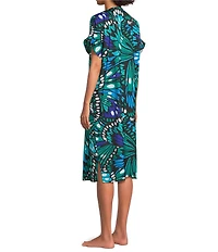 VAN WINKLE & CO. Butterfly Wing Print V-Neck Short Dolman Sleeve Satin Midi Caftan