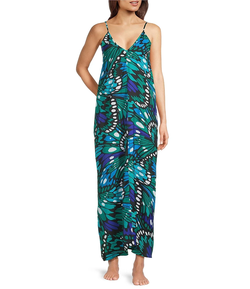 VAN WINKLE & CO. Butterfly Wing Print Woven Satin V-Neck Sleeveless Maxi Chemise