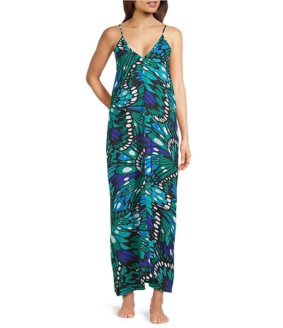 VAN WINKLE & CO. Butterfly Wing Print Woven Satin V-Neck Sleeveless Maxi Chemise