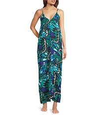 VAN WINKLE & CO. Butterfly Wing Print Woven Satin V-Neck Sleeveless Maxi Chemise