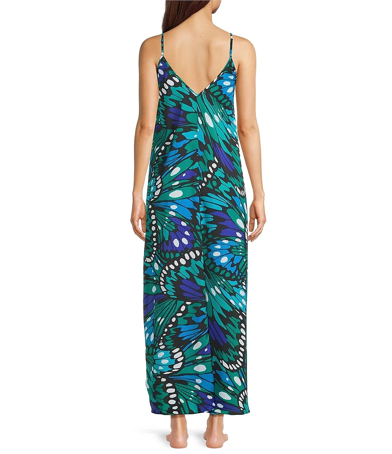 VAN WINKLE & CO. Butterfly Wing Print Woven Satin V-Neck Sleeveless Maxi Chemise