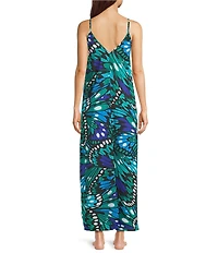 VAN WINKLE & CO. Butterfly Wing Print Woven Satin V-Neck Sleeveless Maxi Chemise