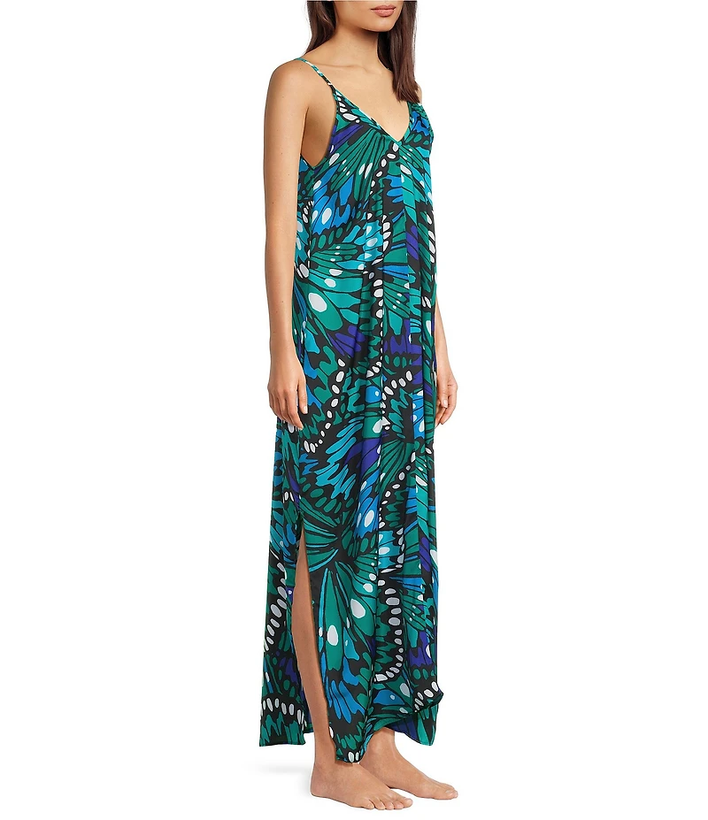 VAN WINKLE & CO. Butterfly Wing Print Woven Satin V-Neck Sleeveless Maxi Chemise