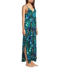 VAN WINKLE & CO. Butterfly Wing Print Woven Satin V-Neck Sleeveless Maxi Chemise