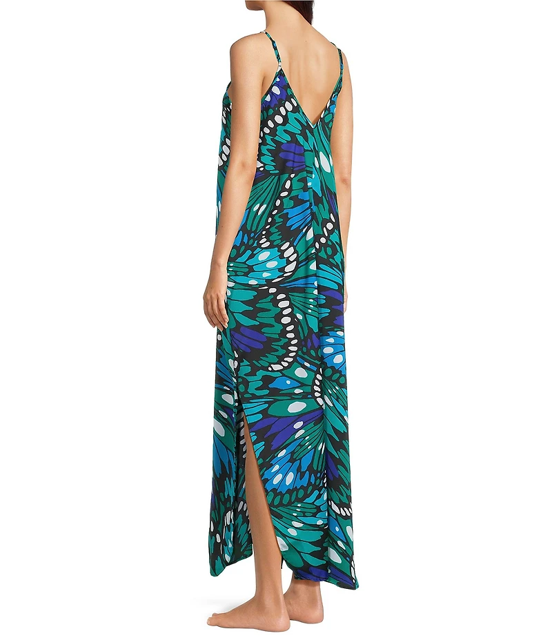 VAN WINKLE & CO. Butterfly Wing Print Woven Satin V-Neck Sleeveless Maxi Chemise