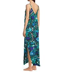 VAN WINKLE & CO. Butterfly Wing Print Woven Satin V-Neck Sleeveless Maxi Chemise