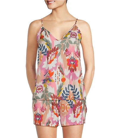 VAN WINKLE & CO. Floral Ikat Print Sleeveless V-Neck Satin Coordinating Sleep Top