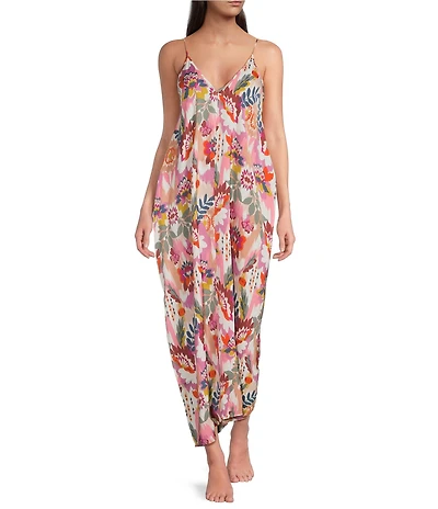 VAN WINKLE & CO. Floral Ikat Print Sleeveless V-Neck Woven Satin Maxi Chemise