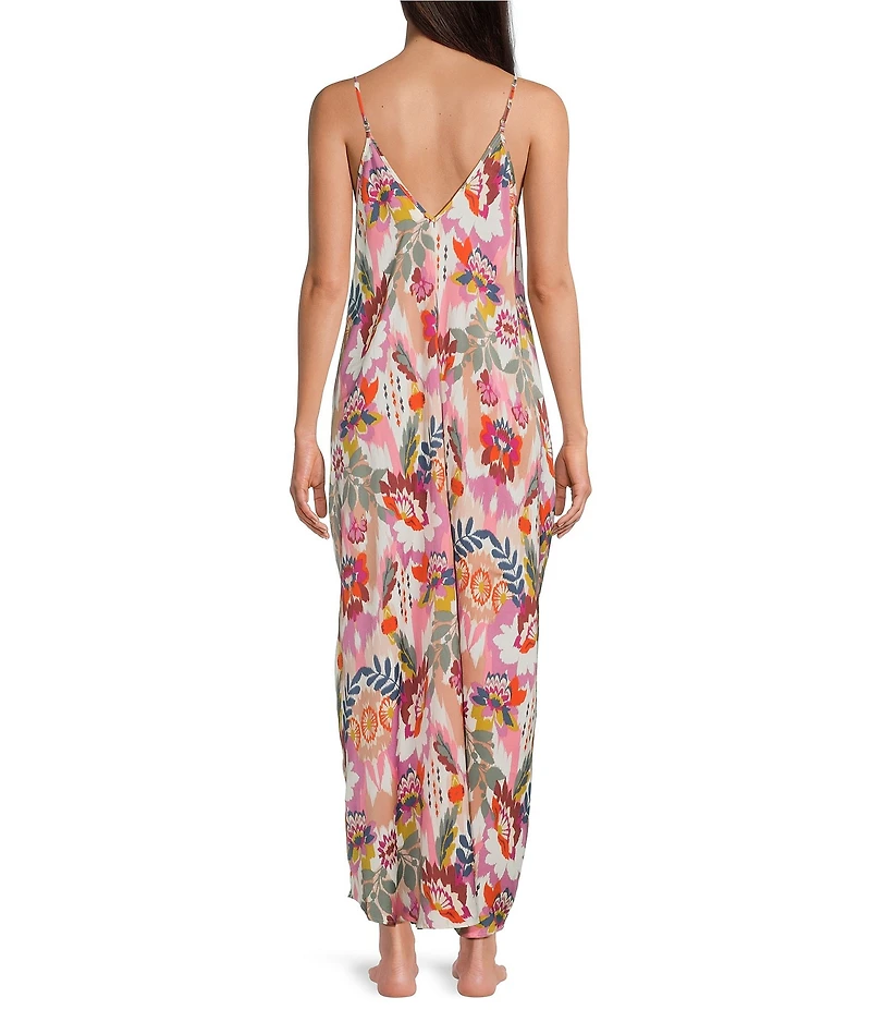 VAN WINKLE & CO. Floral Ikat Print Sleeveless V-Neck Woven Satin Maxi Chemise