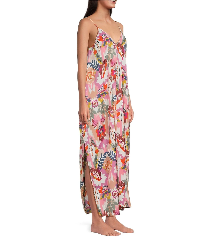 VAN WINKLE & CO. Floral Ikat Print Sleeveless V-Neck Woven Satin Maxi Chemise