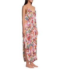 VAN WINKLE & CO. Floral Ikat Print Sleeveless V-Neck Woven Satin Maxi Chemise