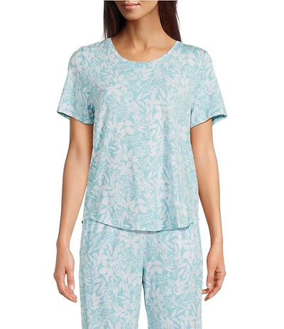 VAN WINKLE & CO. Leafy Floral Print Knit Short Sleeve Scoop Neck Coordinating Sleep Top