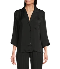 VAN WINKLE & CO. Long Sleeve Notch Collar Solid Satin Coordinating Sleep Top
