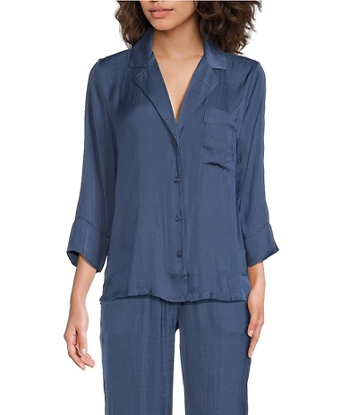 VAN WINKLE & CO. Long Sleeve Notch Collar Solid Satin Coordinating Sleep Top