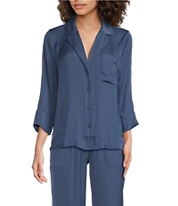 VAN WINKLE & CO. Long Sleeve Notch Collar Solid Satin Coordinating Sleep Top