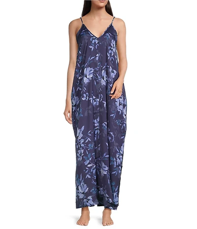 VAN WINKLE & CO. Moody Floral Sleeveless V-Neck Woven Satin Maxi Chemise