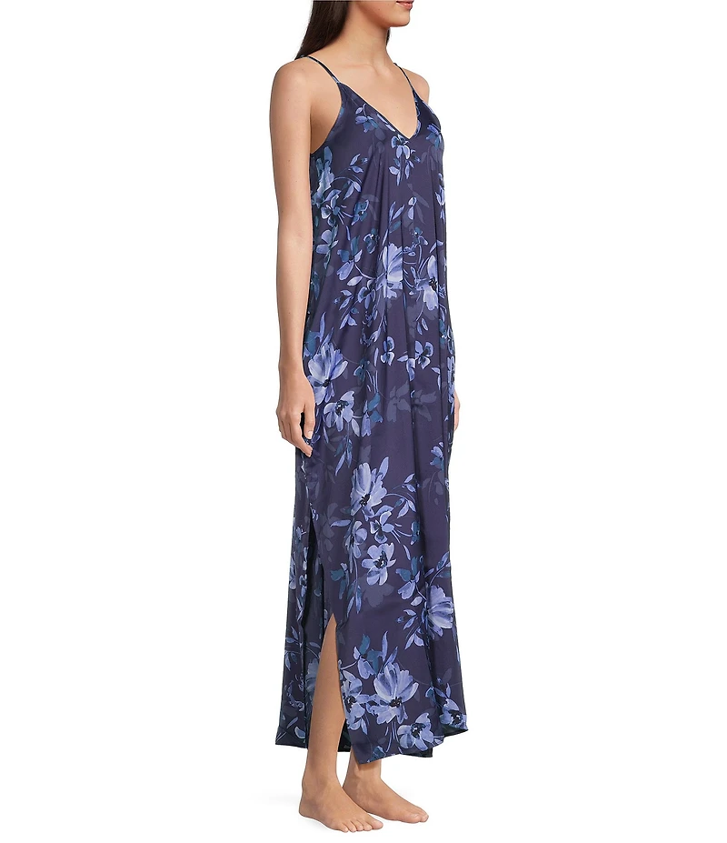 VAN WINKLE & CO. Moody Floral Sleeveless V-Neck Woven Satin Maxi Chemise
