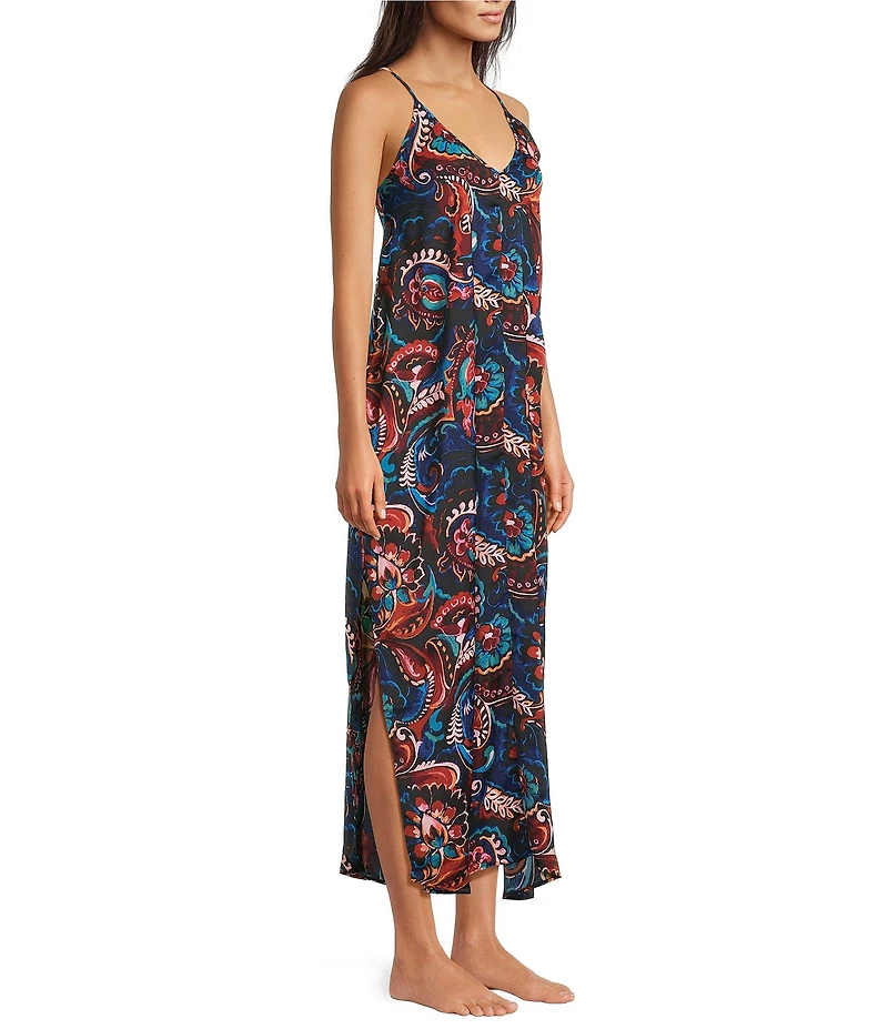 VAN WINKLE & CO. Moody Paisley Sleeveless V-Neck Satin Maxi Chemise