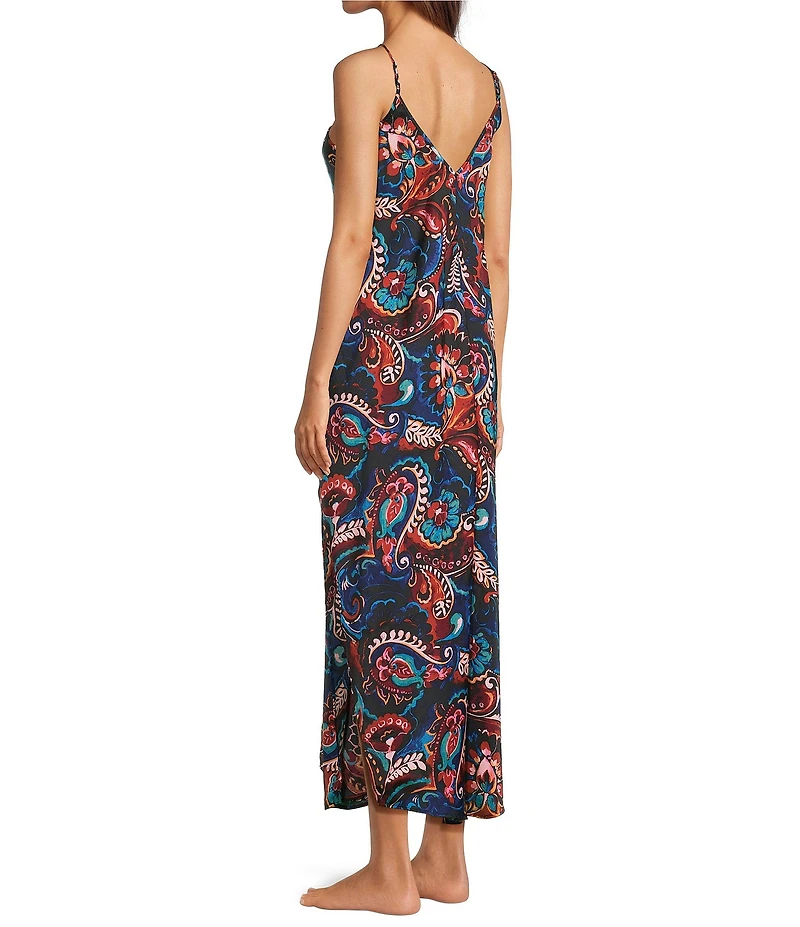 VAN WINKLE & CO. Moody Paisley Sleeveless V-Neck Satin Maxi Chemise