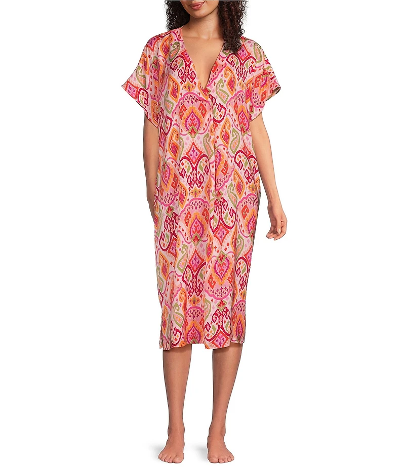 VAN WINKLE & CO. Paisley Print V-Neck Short Dolman Sleeve Satin Midi Caftan