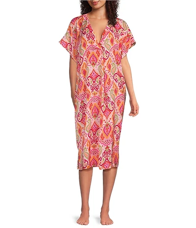 VAN WINKLE & CO. Paisley Print V-Neck Short Dolman Sleeve Satin Midi Caftan