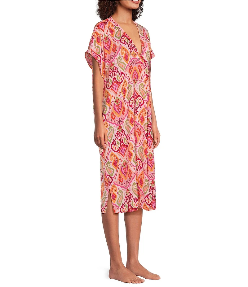 VAN WINKLE & CO. Paisley Print V-Neck Short Dolman Sleeve Satin Midi Caftan