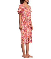 VAN WINKLE & CO. Paisley Print V-Neck Short Dolman Sleeve Satin Midi Caftan