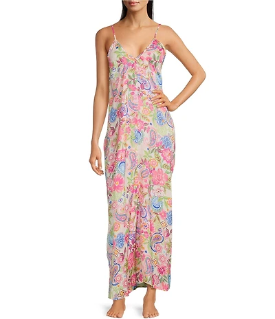 VAN WINKLE & CO. Paisley Print Washed Satin Sleeveless V-Neck Maxi Chemise