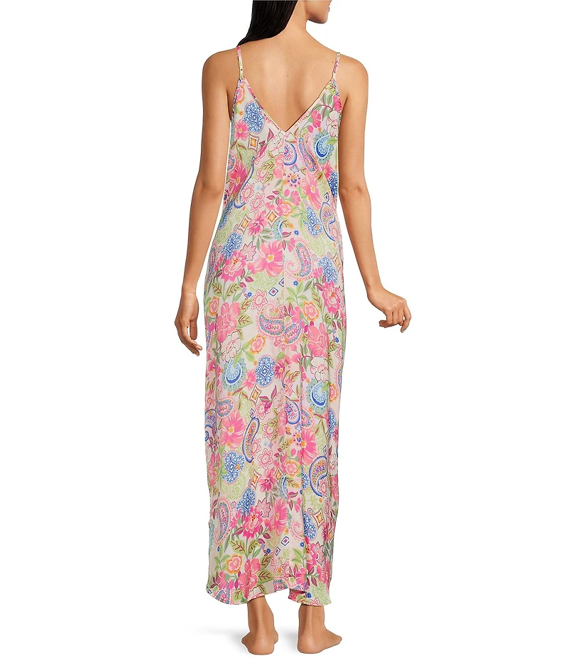 VAN WINKLE & CO. Paisley Print Washed Satin Sleeveless V-Neck Maxi Chemise