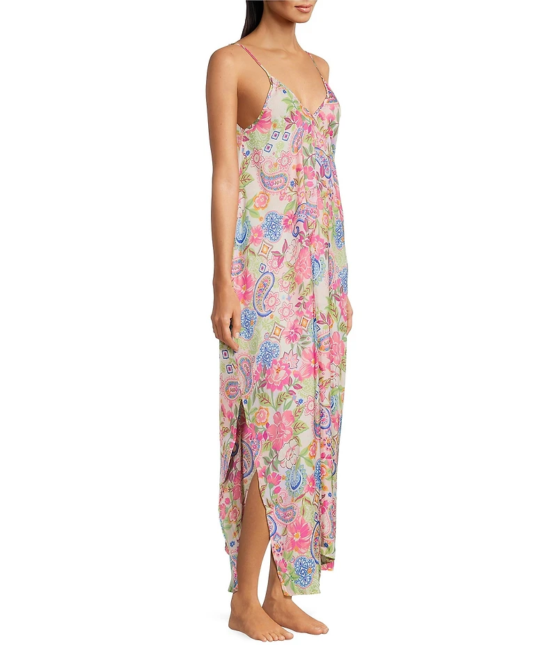 VAN WINKLE & CO. Paisley Print Washed Satin Sleeveless V-Neck Maxi Chemise
