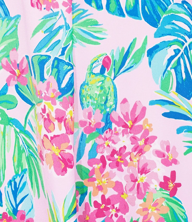 VAN WINKLE & CO. Plus Size Jungle Parrot Print V-Neck Short Dolman Sleeve Satin Midi Caftan