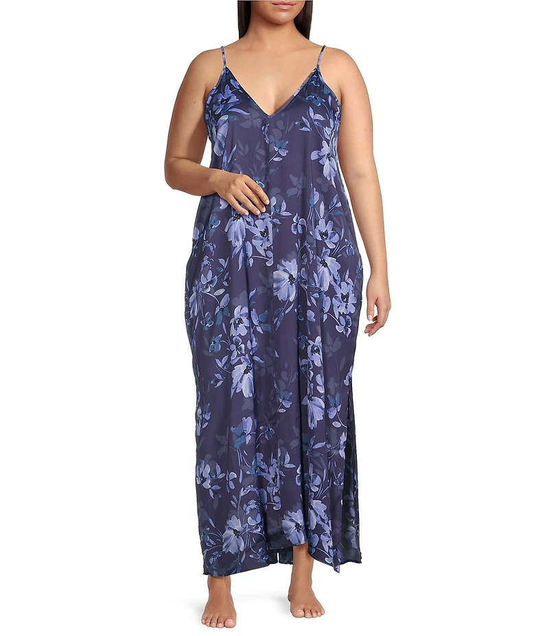 VAN WINKLE & CO. Plus Size Moody Floral Sleeveless V-Neck Woven Satin Maxi Chemise