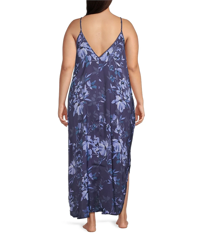VAN WINKLE & CO. Plus Size Moody Floral Sleeveless V-Neck Woven Satin Maxi Chemise